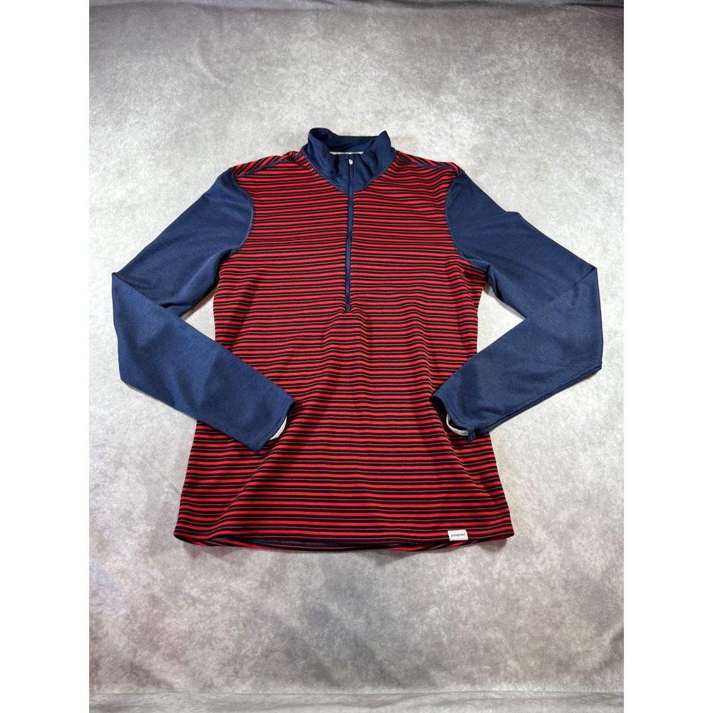 Patagonia Capilene 3 Midweight 1/4 Zip Base Layer Red Navy Blue Striped Womens M